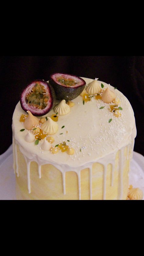 Passionfruit drip cake Passion Cake Decoration, Passionfruit Cake Decoration, Passion Fruit Cake Decoration, Passionfruit Cake, Passion Fruit Cake, Fruit Cake Design, Fruit Birthday, Cake Inspo, Drip Cake