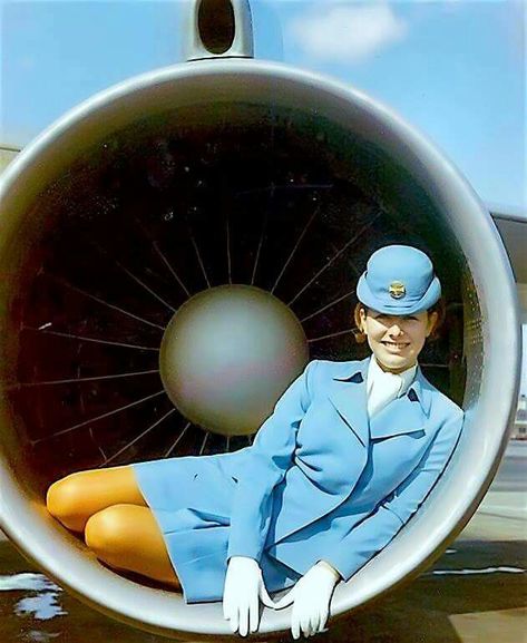 Stewardess posing inside a jet engine nacelle Pan American Airlines, Stewardess Uniform, Airline Cabin Crew, Flight Attendant Fashion, Flight Attendant Uniform, Flight Attendant Life, Flight Crew, Aircraft Engine, Pan American