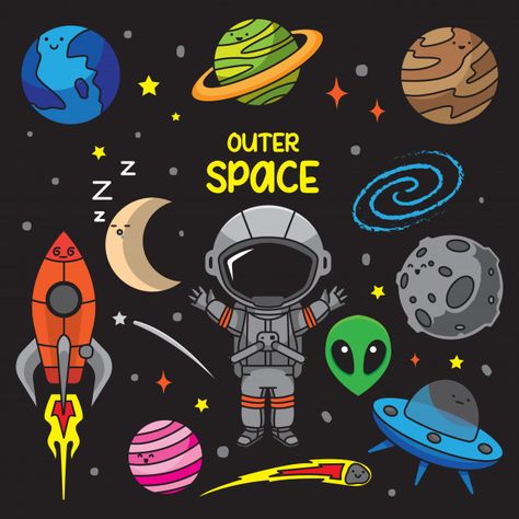 Space Vector Illustration, Space Illustration Kids, Space Design Illustration, Outer Space Doodles, Space Art Drawing, Space Illustration Art, Space Art Illustration, Space Travel Art, Outer Space Illustration