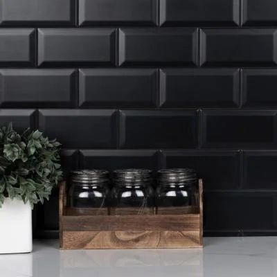 Crown Heights Beveled 3 in. x 6 in. Matte Black Ceramic Wall Tile (6.03 sq. ft. /Case) Black Subway Tiles, Black Backsplash, Ceramic Subway Tile, Merola Tile, Black Tiles, Crown Heights, Porcelain Floor, Natural Stone Tile, Styl Boho