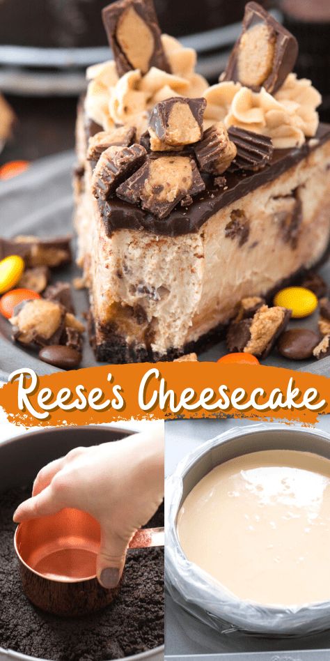 Over the top Reese’s Cheesecake is a chocolate peanut butter cheesecake dream! This peanut butter cheesecake has a chocolate crust, reese’s peanut butter cheesecake filling swirled with reese’s cups and a layer of chocolate ganache. Top with more reese’s cups for a double reese’s cheesecake! Learn how to make a cheesecake water bath and how to freeze a whole cheesecake. #reesescheesecake #chocolatepeanutbuttercheesecake #cheesecake Cheesecake Water Bath, Reese's Peanut Butter Cheesecake, Reeses Cheesecake, Peanut Butter Cup Cheesecake, Hot Chocolate Fudge, Chocolate Peanut Butter Cheesecake, Chocolate Crust, Chocolate Graham Crackers, Slow Cooker Desserts