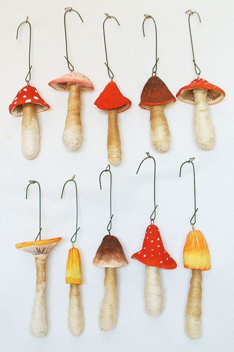 Paper Mache Mushroom Ornaments Clay Mushroom Ornament, Mushroom Ornaments, Crystal Mushroom, Mushroom Crafts, Ornament Crafts, Easy Diy Projects, Paper Mache, Merry And Bright, Cotton Paper