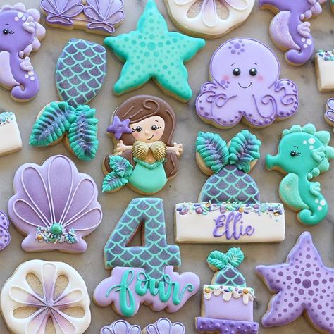 Happy 4th birthday Ellie! We look forward to celebrating with you today! Thanks for giving me a reason to use all my cute under the sea… Mermaid Cookies, Mermaid Theme Birthday Party, Happy 4th Birthday, Mermaid Party Decorations, Mermaid Theme Party, Little Mermaid Birthday, Mermaid Theme Birthday, Sea Birthday Party, Summer Cookies