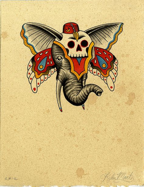 Untitled by Kyler Martz | Flickr - Photo Sharing! Traditional Tattoo Elephant, Kyler Martz, Traditonal Tattoo, Traditional Elephant, Moth Tattoo Design, Traditional Style Tattoo, Ancient Tattoo, Folk Art Flowers, Arm Band Tattoo