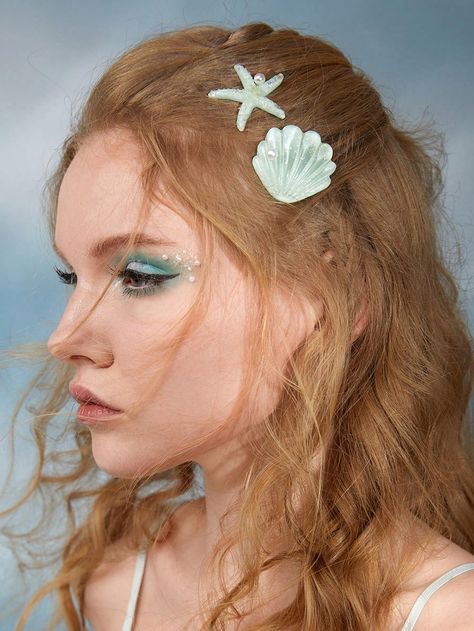 ROMWE Fairycore 2pcs Women Cute Starfish & Shell Design Hair Clip Romwe Fairycore, Starfish Hair Accessories, Hair Clips Aesthetic, Mermaid Hair Accessories, Starfish Hair Clip, Design Hair, Cute Mermaid, Shell Design, Boho Green