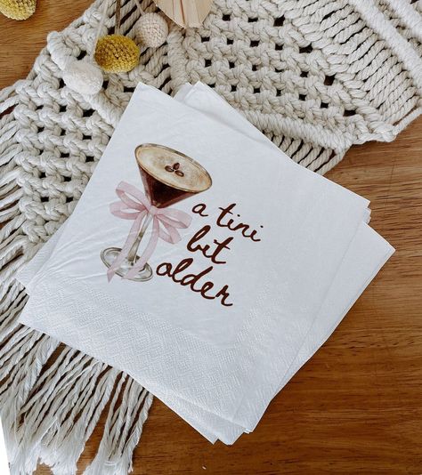 ✺ A TINI BIT OLDER, ESPRESSO MARTINI NAPKINS  ✺    * K E E P S H O P P I N G *   * Shop our entire Bachelorette collection here: https://www.etsy.com/au/shop/thingsyoureallylike?ref=profile_header&section_id=35146885 * Q U I C K F A C T S * This design is a unique illustration that has been created in house. * Available in two sizes: Luncheon (6.5" x 6.5") and Beverage (4.8" x 4.8") *  Smooth texture with coined edge borders * Material: soft, three-ply custom white paper * Available in packs of Dirty30 Birthday Ideas Women, A Tiny Bit Older Espresso, 40th Birthday Cocktail Napkins, Tini Bit Older Espresso Martini Party, Espresso Tini Bit Older Party, Tini Bit Older Espresso, Just A Tiny Bit Older, Thirty Party Ideas For Women, A Toni Bit Older