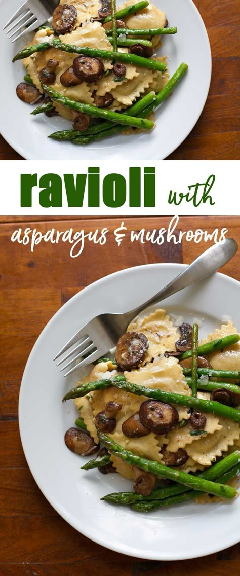 20-Minute Ravioli with Asparagus and Mushrooms #pasta #ravioli #asparagus #mushrooms #dinner #recipes #easy Ravioli With Asparagus, Mushrooms Pasta, Asparagus And Mushrooms, Ravioli Recipe, Asparagus Recipe, Quick Dinner Recipes, Meatless Meals, Spring Recipes, Mushroom Recipes