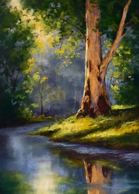 Stream Oil Scenery Painting, Images To Trace And Paint, Creek Painting Easy, Stream Painting Acrylic, Watercolor Stream, Stream Drawing, Oil Painting Scenery, Stream Painting, Tree Oil Painting