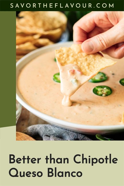 Copycat Chipotle queso blanco is an easy recipe to make to get that famous authentic, restaurant-style look and taste.  Learn how to make this homemade Mexican white cheese sauce on your stovetop with no Velveeta and no Rotel.  It's the perfect vegetarian and gluten free game day dip! Mexican White Cheese Sauce, Chipotle Queso, Mexican White Cheese, White Cheese Sauce, White Queso, Copycat Chipotle, Delicious Dips Recipes, Homemade Mexican, Dip Recipes Easy