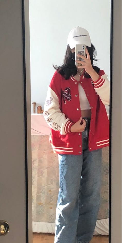 Varsity Jacket Red Outfit, Red Varsity Jacket Outfit Aesthetic, Red And White Varsity Jacket Outfit, Red Tomboy Outfits, Red Letterman Jacket Outfit, Red Baseball Jacket Outfit, Red Varsity Jacket Outfit, Tori Aesthetic, Jersey Jacket Outfit