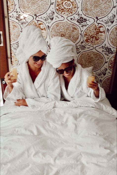 Best friends, vacation, white robes, hotel, mimosa White Robe Photoshoot Hotel, Bestie Photoshoot, Vegas Photos, Hotel Photoshoot, White Robes, Friends Vacation, Future Board, Hotel Photography, Friends Pics