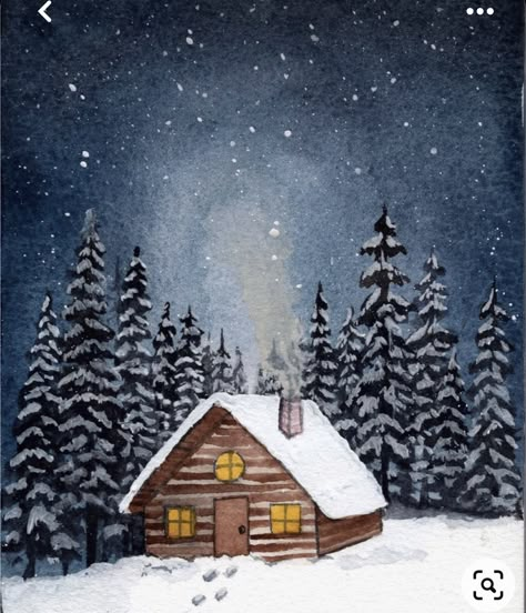 Wood Cabin Christmas, Snow Cabin Painting, Christmas Paintings Landscape, Log Cabin Painting Easy, Winter Cabin Art, Cabin In The Woods Painting Easy, Cabin In Winter Woods, Christmas Cottage Painting, Winter Cabin Watercolor