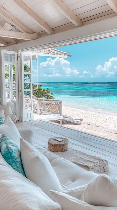 Beach Life | A quiet living room on the seashore with a calm atmosphere with soft white and blue colors, | Facebook Beachfront House, Dream Life House, Dream Beach Houses, Living Room Decor Ideas, Dream Beach, Room Decor Ideas, Beachfront Property, Beach Living, Beach View