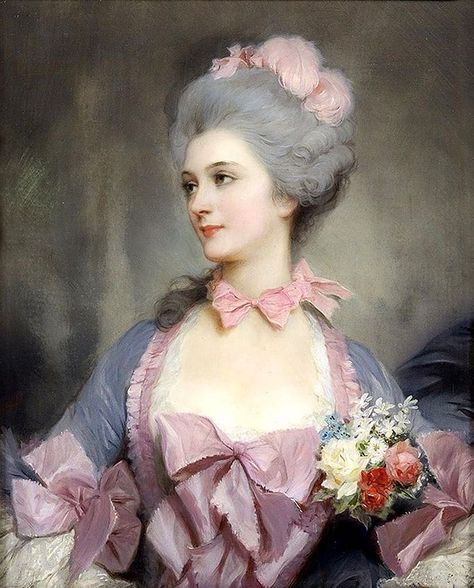 Costume Journal auf Instagram: „Portrait of a Lady with a Bouquet by Lucius Rossi circa late 19th century . . . #rococo #painting #luciusrossi #baroque #art…“ Art History Portraits, Lucius Rossi, Marie Antoinette Painting, Rococo Women, Baroque Gown, Royal Portraits Painting, 18th Century Aesthetic, Princess Portrait, Rococo Painting