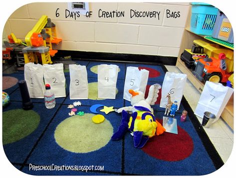 Preschool Creations: 6 DAYS OF CREATION ACTIVITIES-I love this! Either for circle time or a center. They could have fun taking the objects out of the bag as well as trying to put them back in the correct bag. It's a great review game! Days Of Creation Activities, 6 Days Of Creation, Preschool Bible Activities, School Games For Kids, Creation Activities, Creation Bible, Childrens Ministry Curriculum, Sunday School Games, Preschool Bible Lessons