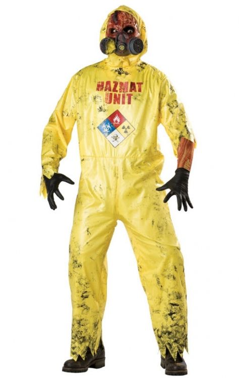 Hazmat Adult Costume Hazmat Hazard Adult CostumeToxic waste! Costume includes: Yellow bodysuit with burn mark details, vinyl scar tissue/gas mask, blac Hazmat Suit Costume, Halloween Costume Store, Great Halloween Costumes, Toxic Waste, Black Halloween Dress, Halloween Express, Zombie Costume, Scary Costumes, Halloween Costumes Makeup