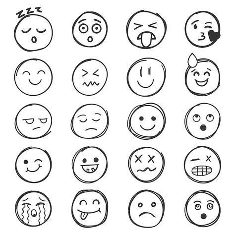 Vector emojis faces icon in hand drawn s... | Premium Vector #Freepik #vector #fun #sign #background #line Face Doodles Simple, Happy Faces Drawings, Goofy Face Drawing, Drawn Emojis, Emojis Faces, Smile Doodle, Happy Face Drawing, Boring Face, Drawing Feelings