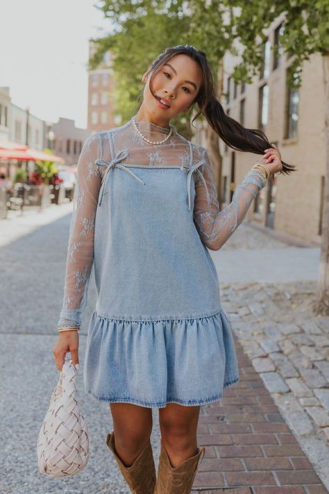 Denim Dress Accessories, Shirt Under Spaghetti Strap Dress, Sundress And Cowgirl Boots, Nfr Style Western Chic, Lace Top Under Dress, Cute Dresses With Cowboy Boots, Denim Dress Western Outfit, Cute Western Dresses, Shoes To Wear With Midi Dress