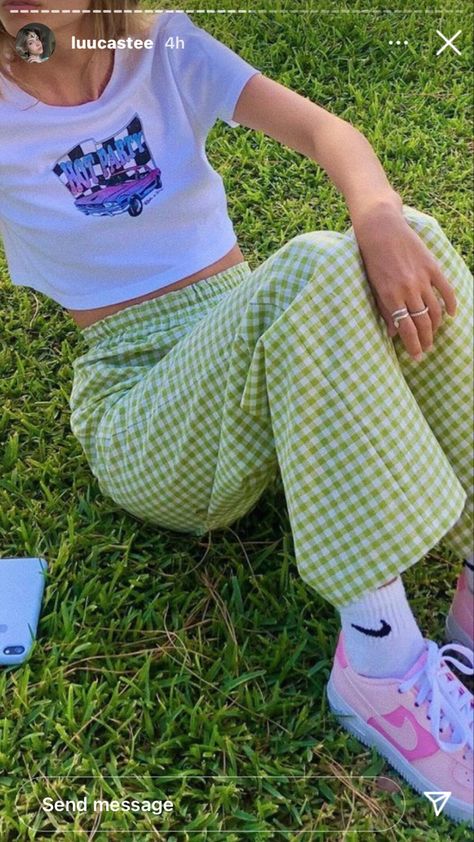 My Sister Aesthetic, Green Pastel Nails, Pastel Nails Aesthetic, Nctzen Outfit, Cute Pastel Outfit, Layla Aesthetic, Checkered Pants Outfit, Pastel Outfit Ideas, Checkered Outfit