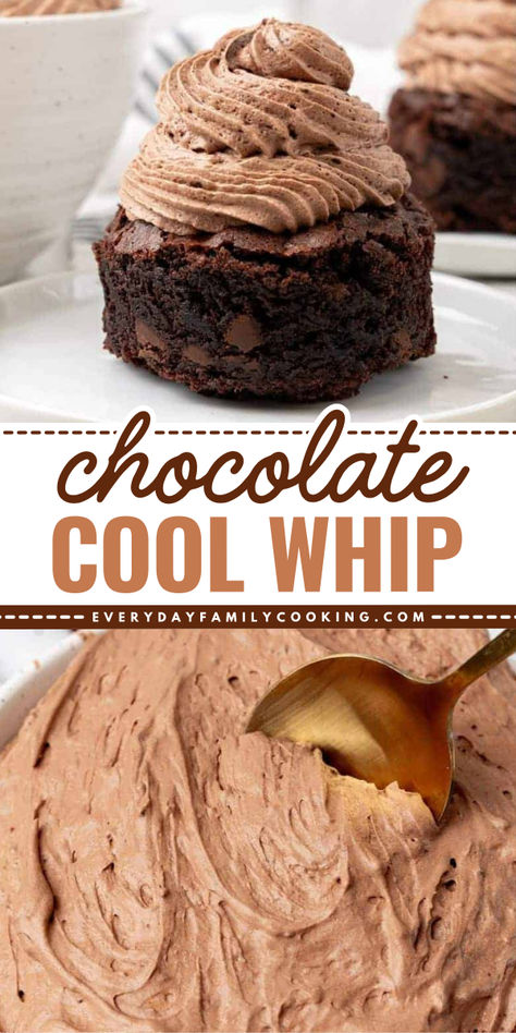 A cool whip frosting for your Valentine's Day sweets! This Valentine's Day dessert idea features a combo of whipped cream and chocolate pudding. Fluffy and rich in flavor, this chocolate cool whip recipe is perfect for cakes, cupcakes, and more! Chocolate Whipped Cream Icing, Chocolate Cake Cool Whip Frosting, Chocolate Cake With Whipped Cream Layers, Cool Whip And Vanilla Pudding Frosting, Cool Whip Frosting Recipes, Homemade Chocolate Whipped Cream, Chocolate Mousse Icing Recipe, Whipped Cream Pudding Dessert, Homemade Whipped Icing