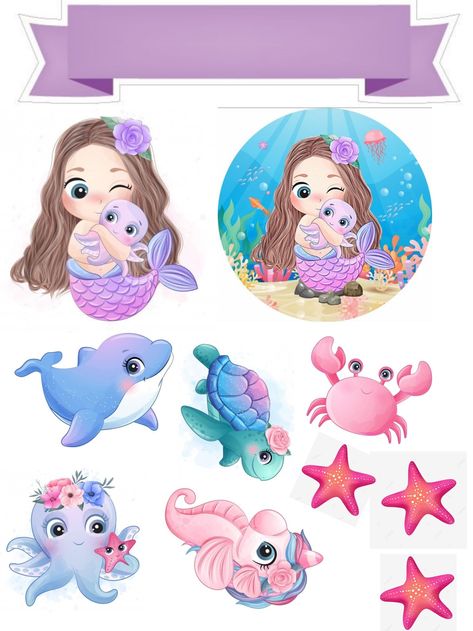 Homemade Stickers, Simple Cake Designs, Mermaid Cakes, Art Template, Nara, Cake Designs, The Little Mermaid, Girl Birthday, Cake Toppers