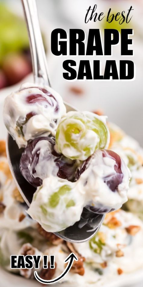 This grape salad recipe is a blast from the past and is a hit at any gathering. Sweet and tart grapes are covered with a creamy cream cheese and sour cream dressing with a dash of vanilla. Topped with pecans and brown sugar, this is a cool, refreshing treat that’s popular at Easter, Thanksgiving, and Christmas! #grapesalad #easterdinner #easter #summerdish #sidedish #easyrecipe #grapes Easy Grape Salad, Sour Cream Dressing, Grape Salad Recipe, Easy Fruit Salad Recipes, Salad Cream, Fruit Salad Easy, Grape Salad, Fruit Salad Recipes, Dessert Salads