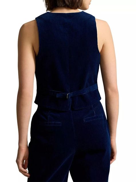 This menswear-inspired vest from Polo Ralph Lauren is crafted of wide-wale cotton corduroy and styled with a button placket and an adjustable buckled detail at the back waist..V-neck.Sleeveless.Button-front closure.100% cotton.Lining: 100% cupro.Machine washable.Imported.ABOUT THE BRAND.Synonymous with classic Americana style, Ralph Lauren started his collection of brands in 1967 with one item—the necktie—under the name Polo. Four years later, he debuted his first women’s line, providing a segue to the debut of Ralph Lauren Collection. The epitome of polished dressing, the line's tailored coats, sweaters, trousers and more are both versatile and timeless..This menswear-inspired vest from Polo Ralph Lauren is crafted of wide-wale cotton corduroy and styled with a button placket and an adjus Modern Preppy Style, Corduroy Vest, Modern Preppy, Ralph Lauren Womens Clothing, Classic Americana, Polo Ralph Lauren Women, Label Machine, Americana Fashion, Ralph Lauren Collection