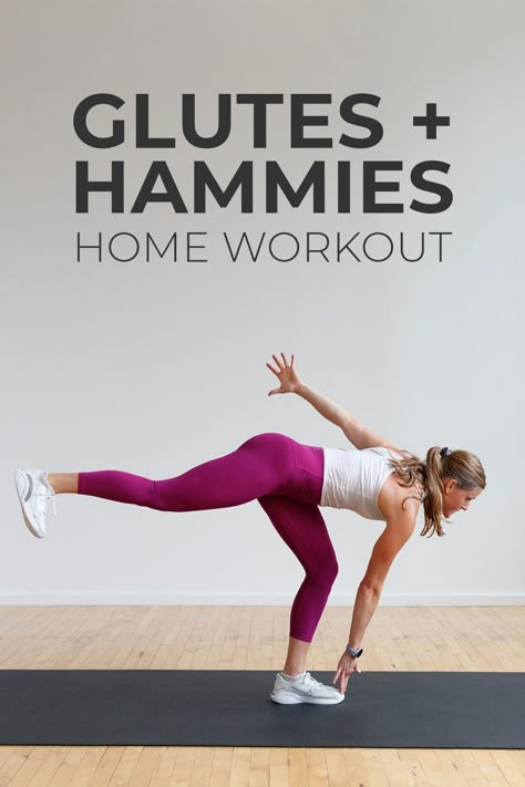 This high intensity leg day workout will burn out your backside -- 35-Minute GLUTE and HAMSTRING Workout at home with dumbbells! 12 of the best glute and hamstring exercises with dumbbells. Feel the FIRE in your legs, glutes and hamstrings! Start with a basic leg day exercise, like a dumbbell deadlift, and increase the intensity with each set. The combination of these 12 lower body exercises will build bigger and stronger hamstrings and glutes at home. Glute And Hip Workout, Hamstring And Glute Exercises, Flute And Hamstring Workout, Quad And Hamstring Workout At Home, Ham String Exercises, Target Hamstrings, Exercises For Hamstrings, Hamstring Exercises At Home, Quad Hamstring Workout