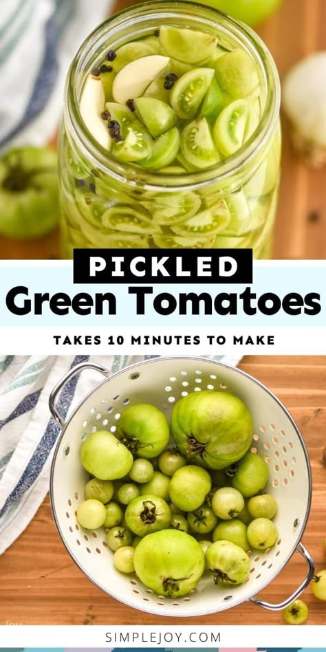 Pickled Green Tomatoes are the perfect recipe for the leftovers of your garden. This recipe takes about 10 minutes to make, and is absolutely delicious. Recipe For Green Tomato Pickles, Dilly Green Tomatoes, How To Pickle Tomatoes, Dill Pickled Green Tomatoes, Quick Pickled Green Tomatoes, Refrigerator Pickled Green Tomatoes, Pickle Tomatoes Recipe, Pickled Tomatoes Green, Pickled Green Peppers Recipe