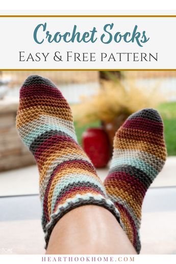 Learn how to crochet socks the easy way with this free crochet pattern in FIVE sizes! This is one of the most popular sock patterns because they are so easy to make. Follow along with me and make a pair of crocheted socks today! Crochet Socks Pattern Free, How To Crochet Socks, Herringbone Half Double Crochet Stitch, Crochet Sock Patterns, Herringbone Half Double Crochet, Crochet Socks Tutorial, Short Row Heel, Crochet Sock Pattern Free, Crocheted Socks