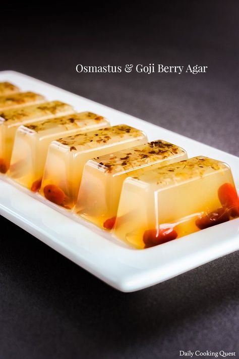 Osmanthus and Goji Berry Agar Osmanthus Jelly Recipe, Osmanthus Dessert, Cny Dessert, Agar Dessert, Osmanthus Jelly, Goji Berry Recipes, Osmanthus Flower, Jelly Desserts, Sweet Soup