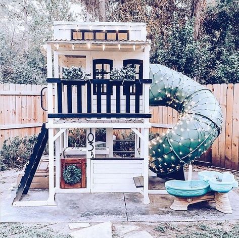 Shed To Playhouse Kids, Kidkraft Playhouse Makeover, Elevated Playhouse, Farmhouse Playhouse, Playset Makeover, Kids Cubby, Kid Friendly Backyard, Backyard Fort, Playhouse Makeover