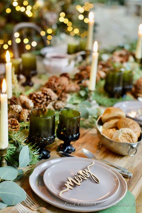 Vintage green goblets Christmas book - French country cottage French Country Cottage Christmas, Christmas Table Setting Ideas, French Vintage Decor, Table Setting Ideas, Christmas Table Setting, Vintage Goblets, Etched Glassware, Cottage Christmas, Setting Ideas