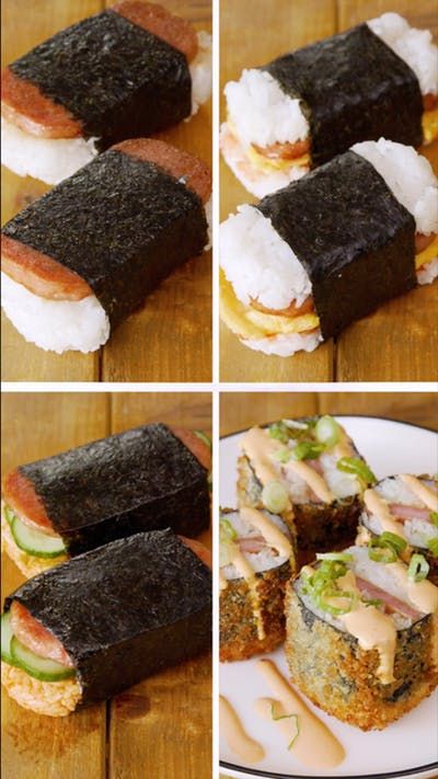 Onigiri Filling, Spam Musubi Recipe, Japanese Hawaiian, Hawaiian Cuisine, Guam Recipes, Musubi Recipe, Hawaii Recipes, Hawaiian Snacks, Spam Recipes