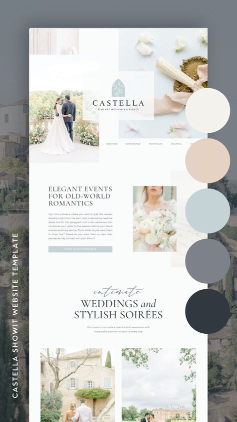 Soft and elegant, Castella is a refined website design for wedding planners and photographers. Complete with a Wordpress blog and 16 different pages, this template's got you covered. Click here to view the live demo to see if the Castella website template for Showit is right for your business! Soft Blue Color Palette, Wedding Planner Brand, Elegant Website Design, Brand Kits, Wedding Planner Website, Wedding Website Design, Branding Kits, Custom Brand Design, Website Color Palette