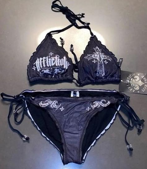 #affliction Skull Swimsuit Bikinis, Y2k Bikinis, Y2k Swimwear, 2000s Clothing, Y2k Swimsuit, Swimsuits Outfits, Fits Clothes, 2000s Fashion Outfits, Cute Bathing Suits