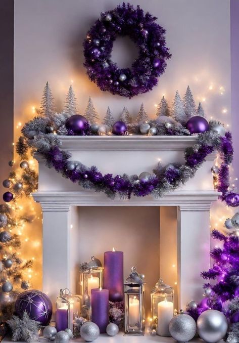 Purple And Cream Christmas Tree, White And Purple Christmas Decor, Purple Xmas Decorations, Purple And Lavender Christmas Tree, Christmas Tree Ideas Purple Silver, Purple And Green Christmas Decor, Christmas Decor Purple, Purple Christmas Bedroom, Purple And Silver Christmas Decorations