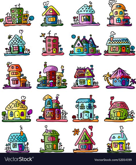 Houses Illustration Art, Cute House Drawing, Houses Sketch, Cartoon Houses, Sketch House, Sketch Cute, House Doodle, Whimsical Art Paintings, Diy Rock Art