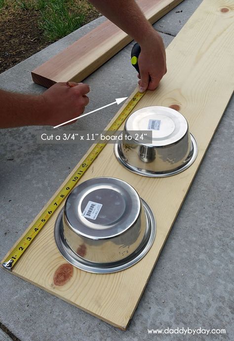 DIY Elevated Dog Bowl Feeder - Daddy by Day Diy Dog Food And Water Station, Diy Pet Station, Raised Pet Bowls Diy, Elevated Food Bowl, Small Dog Feeding Station Diy, Elevated Dog Feeder Diy, Diy Dog Bowl Stand 3 Bowls, Raised Dog Bowls For Large Dogs Diy, Wall Mounted Dog Bowls Diy