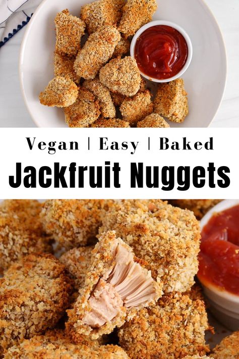 View on a pile of crispy jackfruit nuggets on a plate with a side of ketchup. Jackfruit Nuggets Vegan, Jackfruit Nuggets, Crispy Jackfruit, Chicken Nuggets Baked, Jackfruit Chicken, Veg Diet, Meatless Chicken, Vegan Chicken Nuggets, Canned Jackfruit