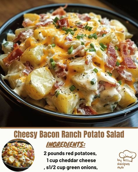 Cheesy Bacon Ranch Potato Salad Cheese Ranch Potatoes, Cheesy Bacon Ranch Potatoes, Bacon Ranch Potato Salad, Beef Tips And Noodles, Cheesy Bacon Potatoes, Ranch Potato Salad, Baked Meatloaf, Savory Bacon, Bacon Ranch Pasta Salad