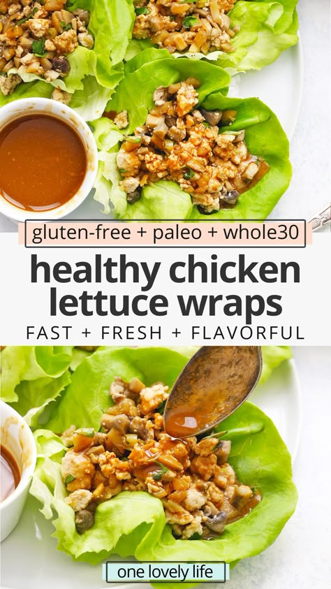 Collage of images of Paleo Chicken Lettuce Wraps with text overlay that reads "gluten-free + paleo + whole30 healthy chicken lettuce wraps: Fast + fresh + flavorful" Paleo Lettuce Wraps, Healthy Chicken Lettuce Wraps, Easy Chicken Lettuce Wraps, Healthy Teriyaki Chicken, Healthy Sesame Chicken, Wraps Chicken, Salat Wraps, Lettuce Wraps Healthy, Chicken Lettuce Wraps Recipe