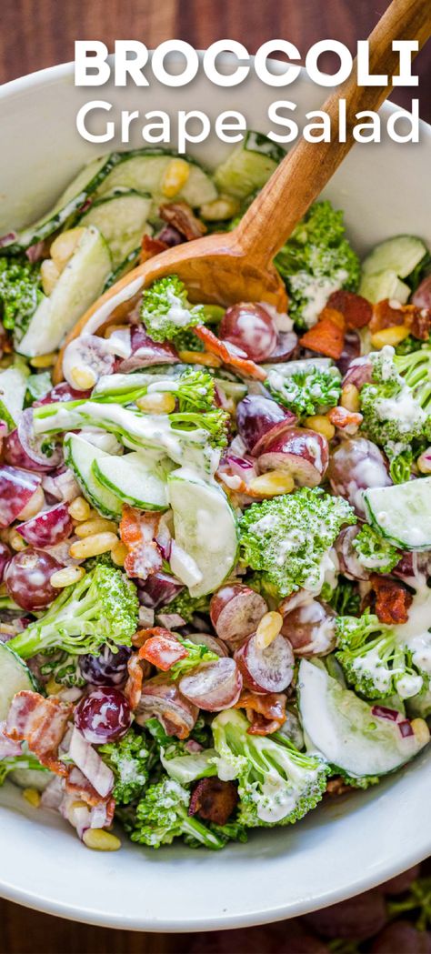 Cucumber Grape Salad With Poppy Seed Dressing, Broccoli Salad Grapes, Recipes With Grapes Healthy, Broccoli Grape Salad Recipes, Broccoli Cucumber Salad, Brocolli Grape Salad, Salads Kids Will Love, Cold Veggie Salad, Grape Recipes Ideas