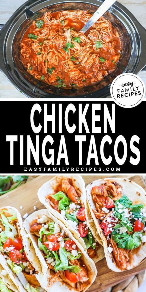 YUM! Chicken Tinga Tacos are the most delicious taco you didn't know you could make in a crockpot AT HOME! These are PACKED with flavor and ridiculously delicious. The flavor of smoked chipotle peppers combines with rich tomato sauce, seasonings with tender chicken breast for a restaurant style tacos. You can serve straight from the slow cooker. This may be the BEST crockpot chicken recipe we have ever had. Taco Tuesday just got much more delicious! The Best Crockpot Chicken, Chicken Tinga Tacos Recipe, Tinga Tostadas, Chicken Tinga Tacos, Tasty Tacos Recipe, Aesthetic Chicken, Tinga Recipe, Tinga Tacos, Best Crockpot Chicken