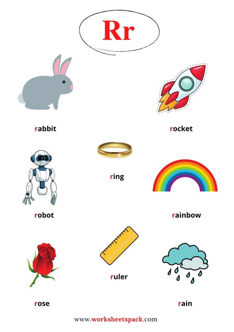 Learn the words that start with the letter R. R Worksheets For Preschool, Letter R For Preschoolers, Grade R Activities, Grade R Worksheets Free Printable, R Is For, Letter R Words, Atoz Alphabet, R For Rainbow, Letter R Activities For Preschool