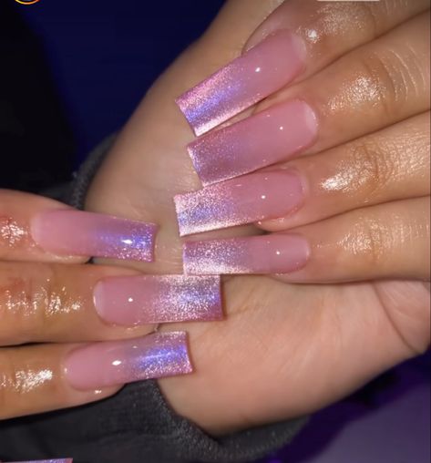 Pink Cat Eye Acrylic Nails, Gel Aura Nails, Acrylic Nail Designs Purple, Birthday Pink Nails, 22nd Birthday Nails, Gem Stone Nails, Pink Iridescent Nails, Aura Nails Acrylic, Birthday Nails Square