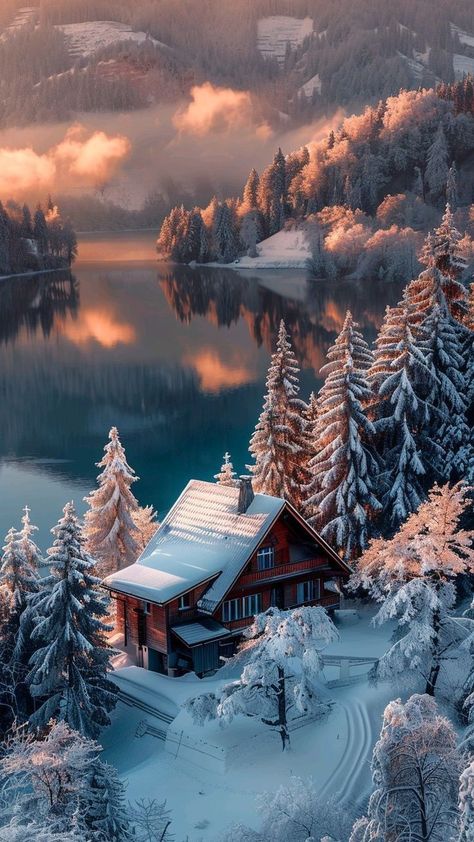 Cabin In The Mountains, Xmas Wallpaper, Peace And Happiness, Winter Images, Fantasy Setting, Autumn Scenery, Winter Magic, Winter Scenery, Beautiful Places Nature