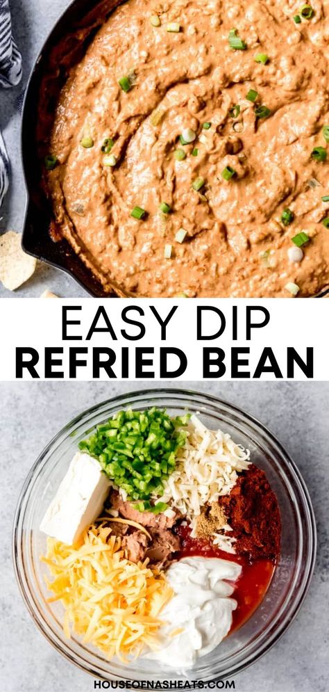 Who doesn't love a good dip?! This Refried Bean Dip recipe comes together in just minutes and everybody always swarms when it's set out at a party next to a big bowl of tortilla chips! Make it as mild or spicy as you like, then step back and watch your family and friends devour this fantastic dip! | easy refried bean dip recipes | easy bean dip with refried beans | hot easy refried bean dip easy Frito Bean Dip, Restaurant Bean Dip, Jalapeno Bean Dip, Cold Bean Dip Recipes, Fritos Bean Dip Recipe, Hot Refried Bean Dip, Bean Dip Recipe, Cheese Bean Dip Recipes, Bean Dip From Canned Refried Beans