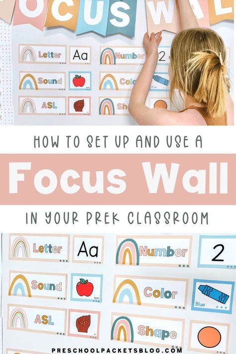 Want to add a focus wall to your circle time routine? This boho rainbow focus wall is perfect for creating a fun and inviting learning area for your preschool classroom! Circle Time Routine, Preschool Room Decor, Preschool Set Up, Circle Time Board, Daycare Spaces, Focus Boards, Boho Rainbow Classroom, Preschool Prep, Teachers Room