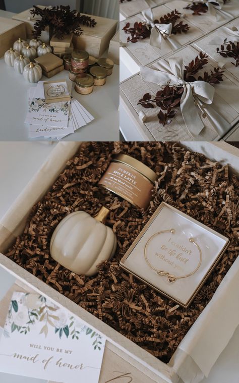 Fall Bridesmaid Gift Boxes, Fall Bridesmaids Proposal Ideas, Bridesmaid Proposal Halloween, Bridesmaid Proposal Fall Theme, Bridesmaid Basket Ideas, Fall Bridesmaid Proposal, Rustic Bridesmaid Proposal, Boho Bridesmaid Proposal, Diy Bridesmaid Proposal